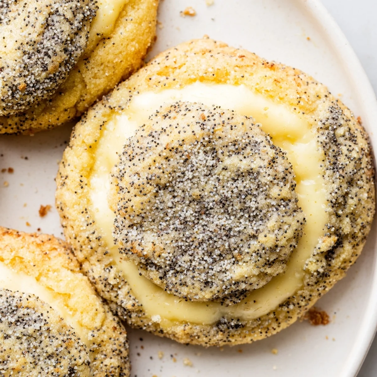 Golden lemon poppy seed cheesecake cookies stacked on a white wire cooling rack, their creamy centers visible from a bite