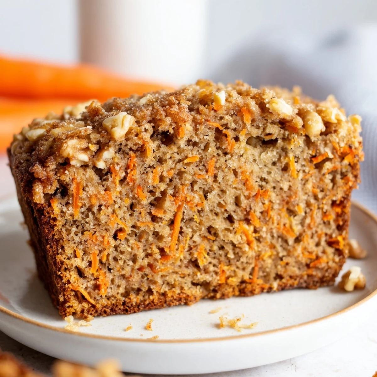 Golden carrot cake banana bread loaf dusted with powdered sugar on a wooden cutting board