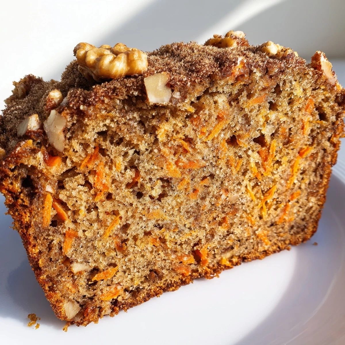 Freshly baked carrot cake banana bread with visible grated carrot pieces and cinnamon swirl topping
