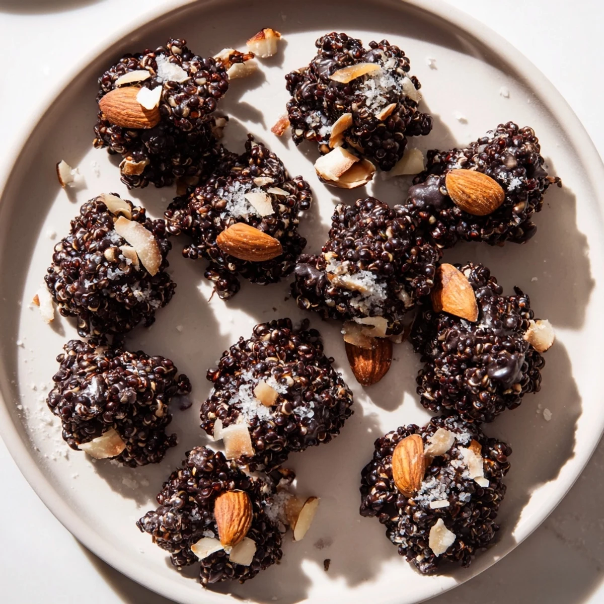 Golden dark chocolate quinoa crisps sprinkled with sea salt on a white plate