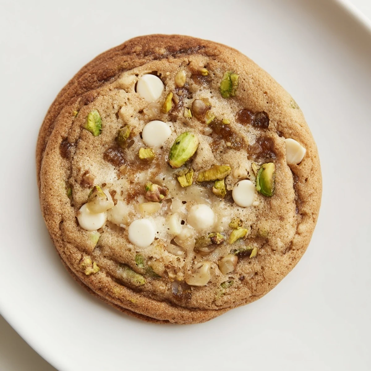 Warm Dubai chewy cookie displaying golden edges with rich date and pistachio pieces throughout