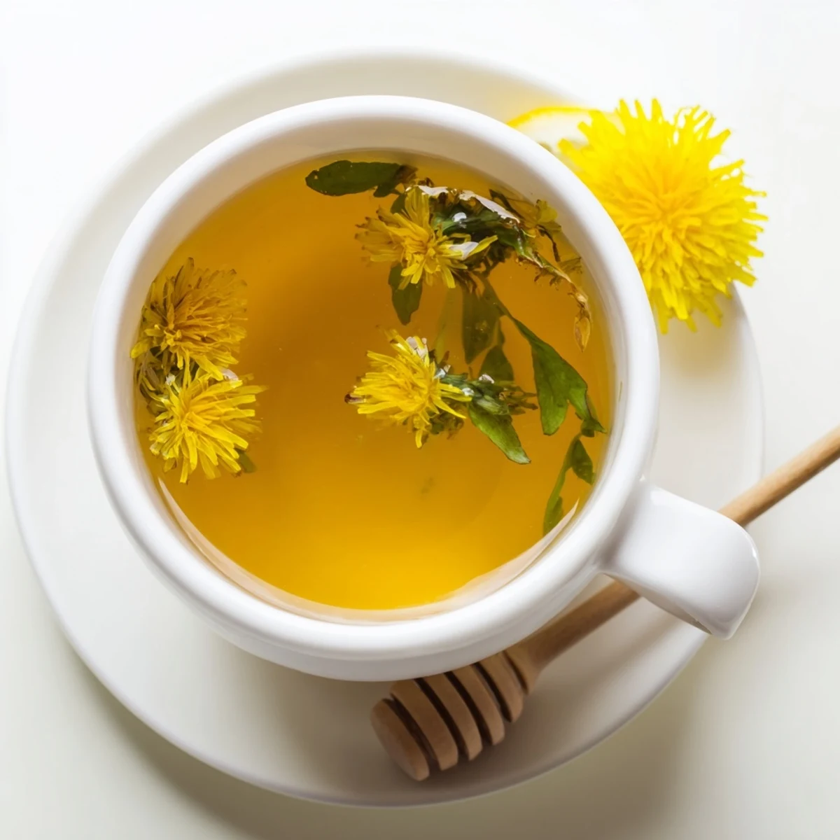 Golden dandelion tea steaming in a white ceramic mug with fresh petals