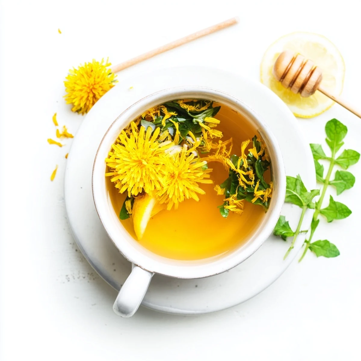 Clear glass cup showcasing earthy dandelion tea with honey drizzle and flowers