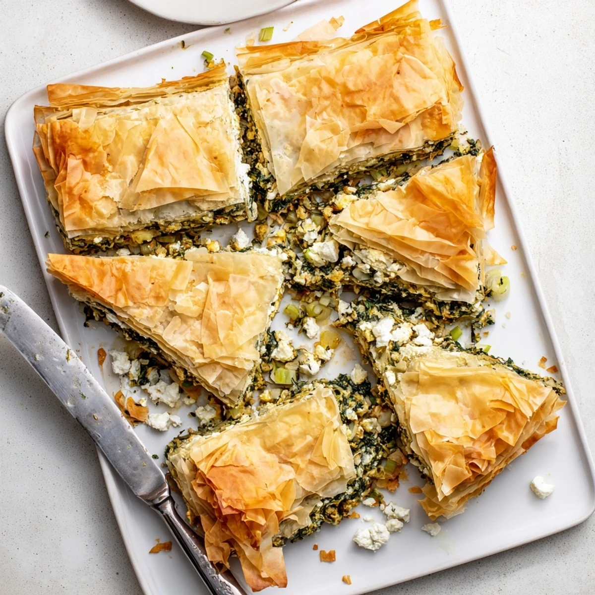 Golden authentic Greek spanakopita with flaky phyllo layers and savory spinach feta filling