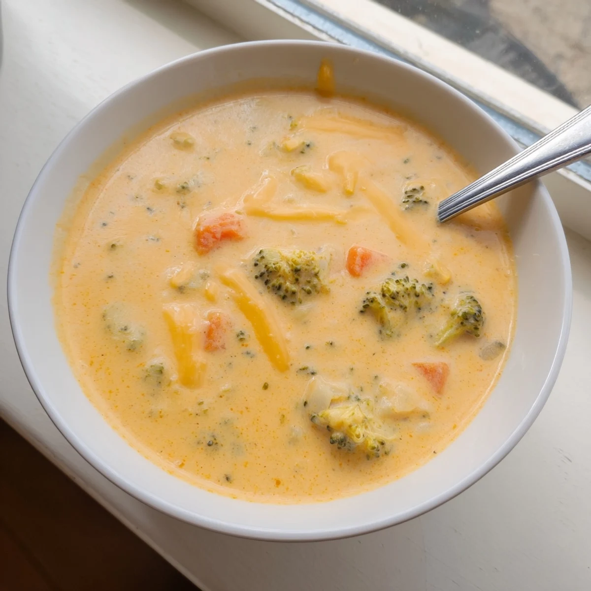 Golden bowl of creamy slow cooker broccoli cheddar soup topped with melted shredded cheese