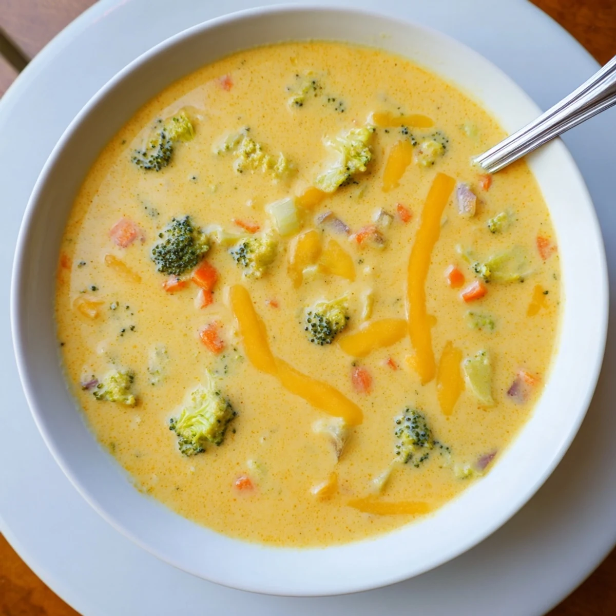 Rich slow cooker broccoli cheddar soup steaming in a white ceramic bowl with broccoli florets visible