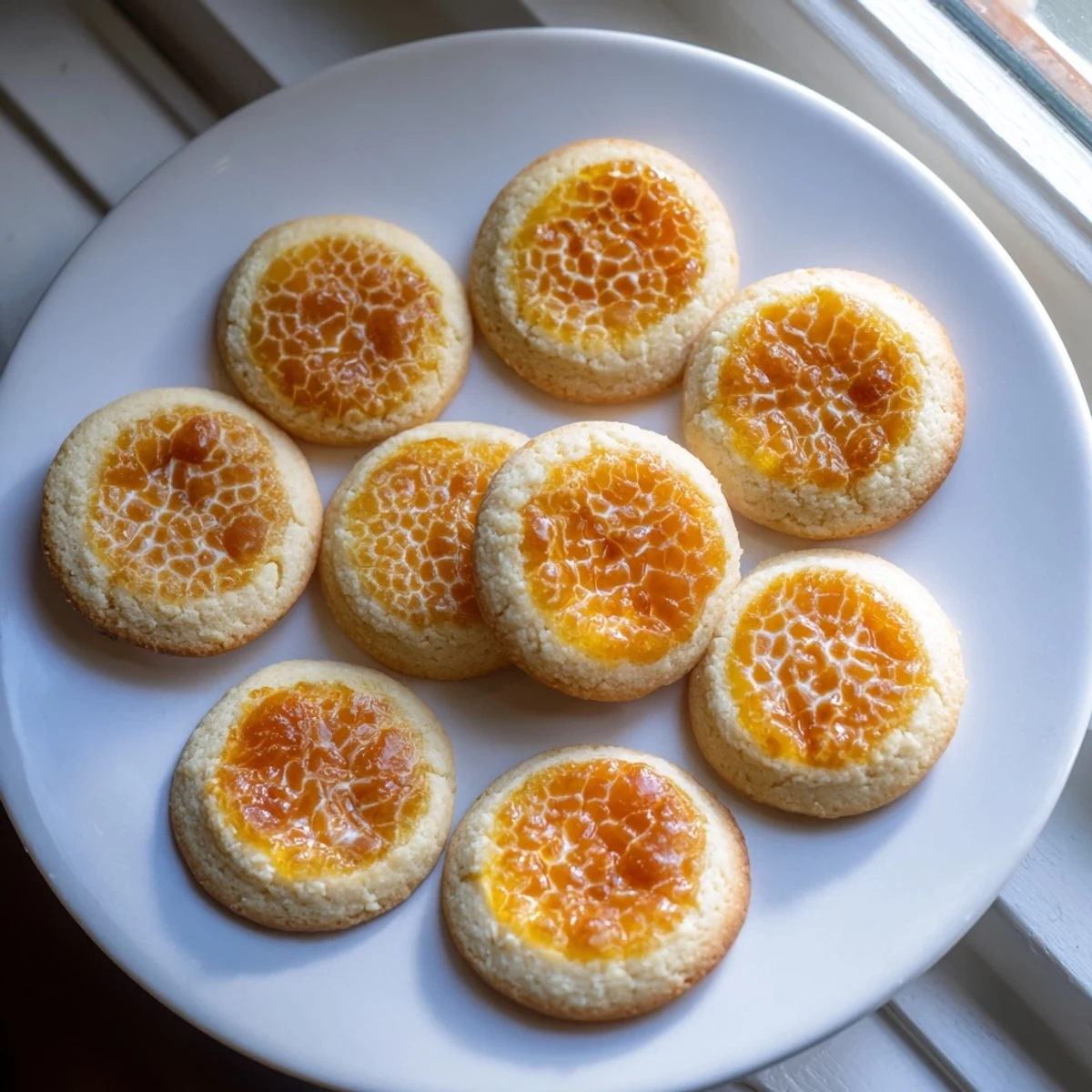 Golden crème brûlée shortbread cookies with cracked caramelized sugar topping on white plate