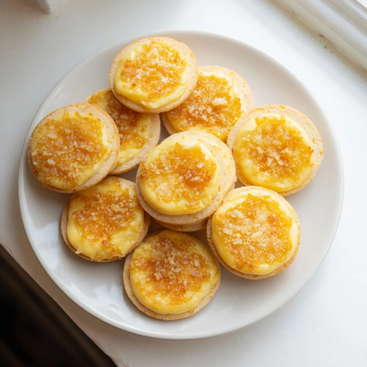 Close-up of French-inspired cookies featuring crisp burnt sugar finish over vanilla custard