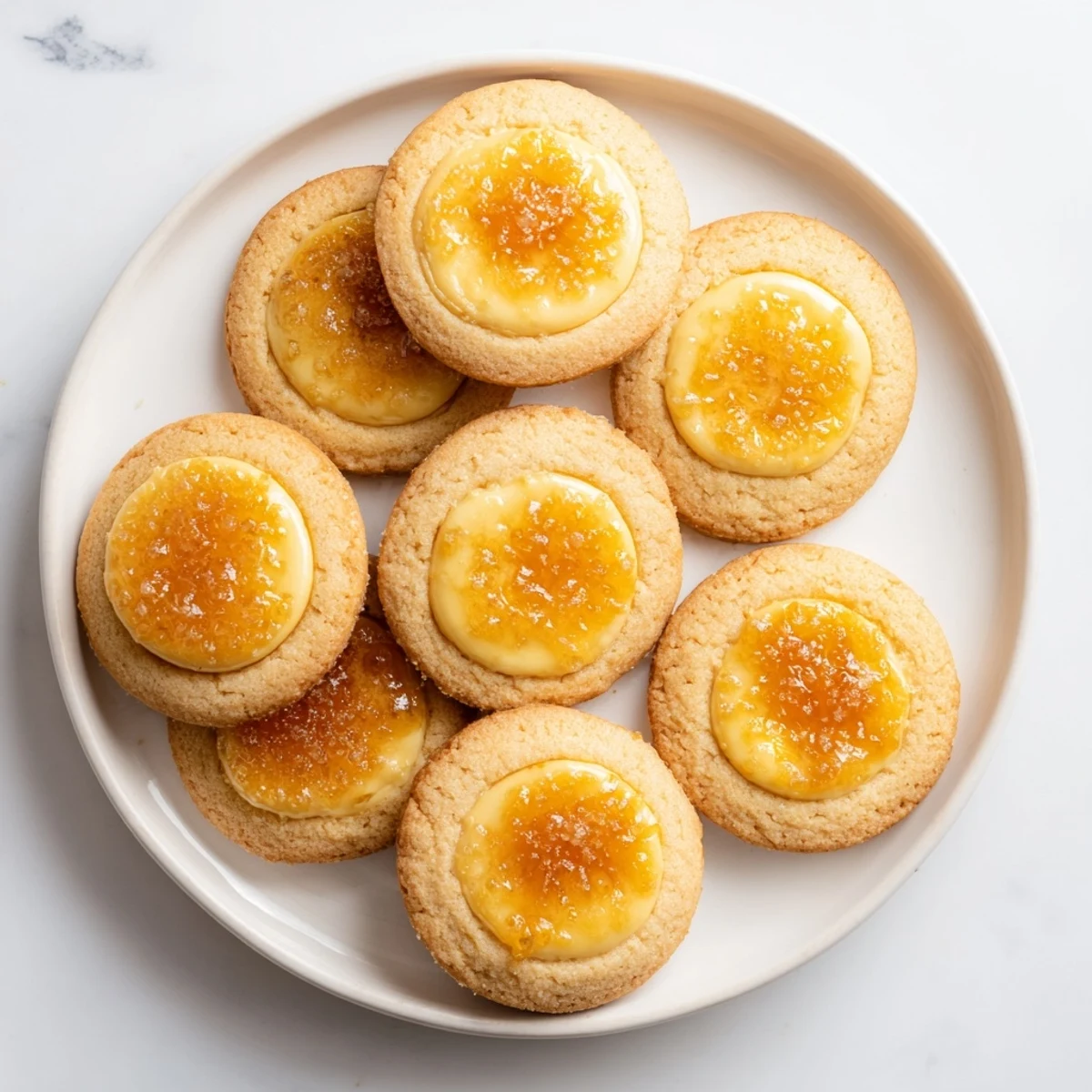 Buttery shortbread cookies topped with creamy custard and torched caramelized sugar layer