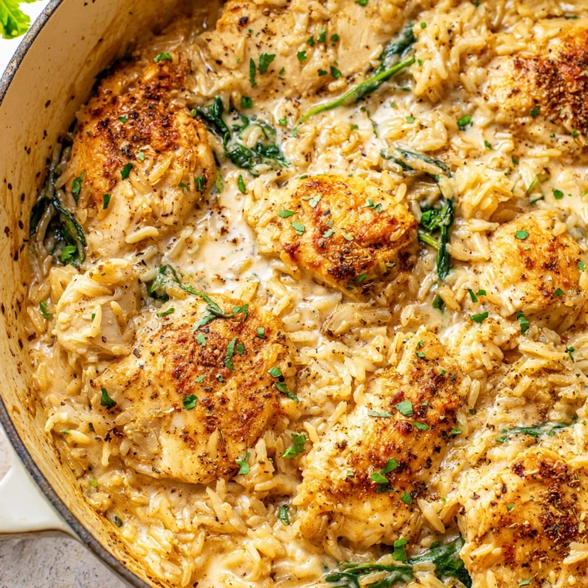 Creamy chicken and rice casserole baked in a single pot with tender white meat