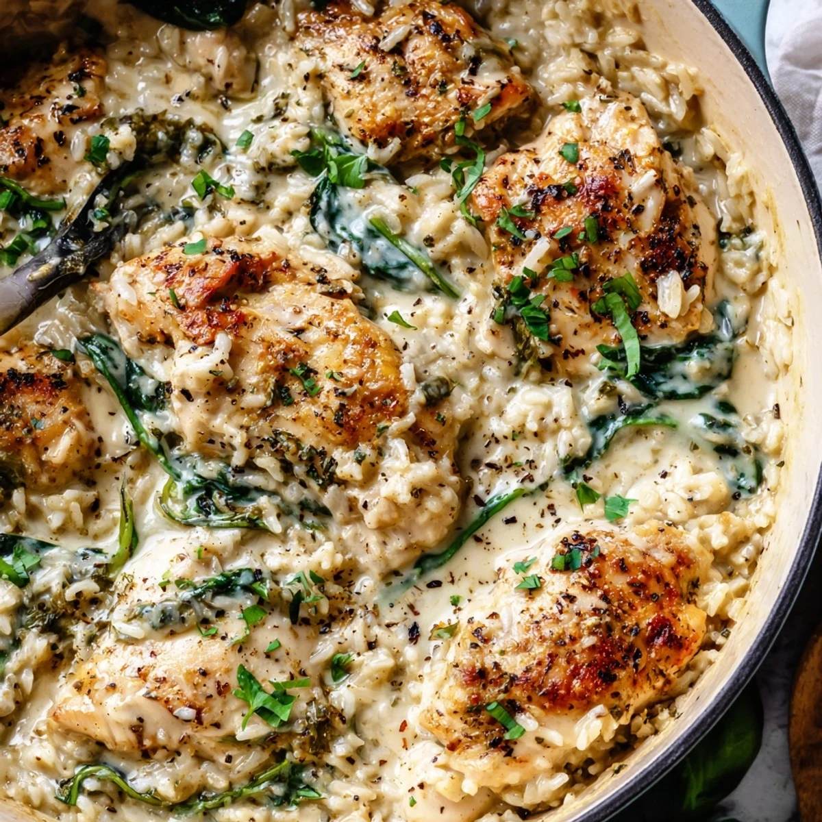 Golden one pot angel chicken rice bake with creamy sauce and fresh parsley garnish
