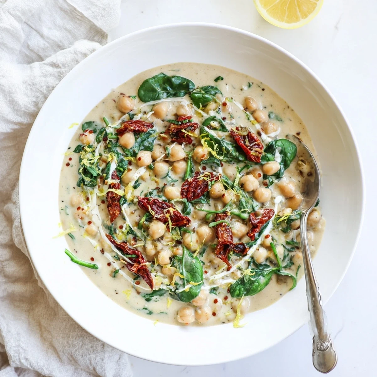 Creamy Marry Me Chickpeas served in a skillet with sun-dried tomatoes and wilted spinach garnished with fresh basil