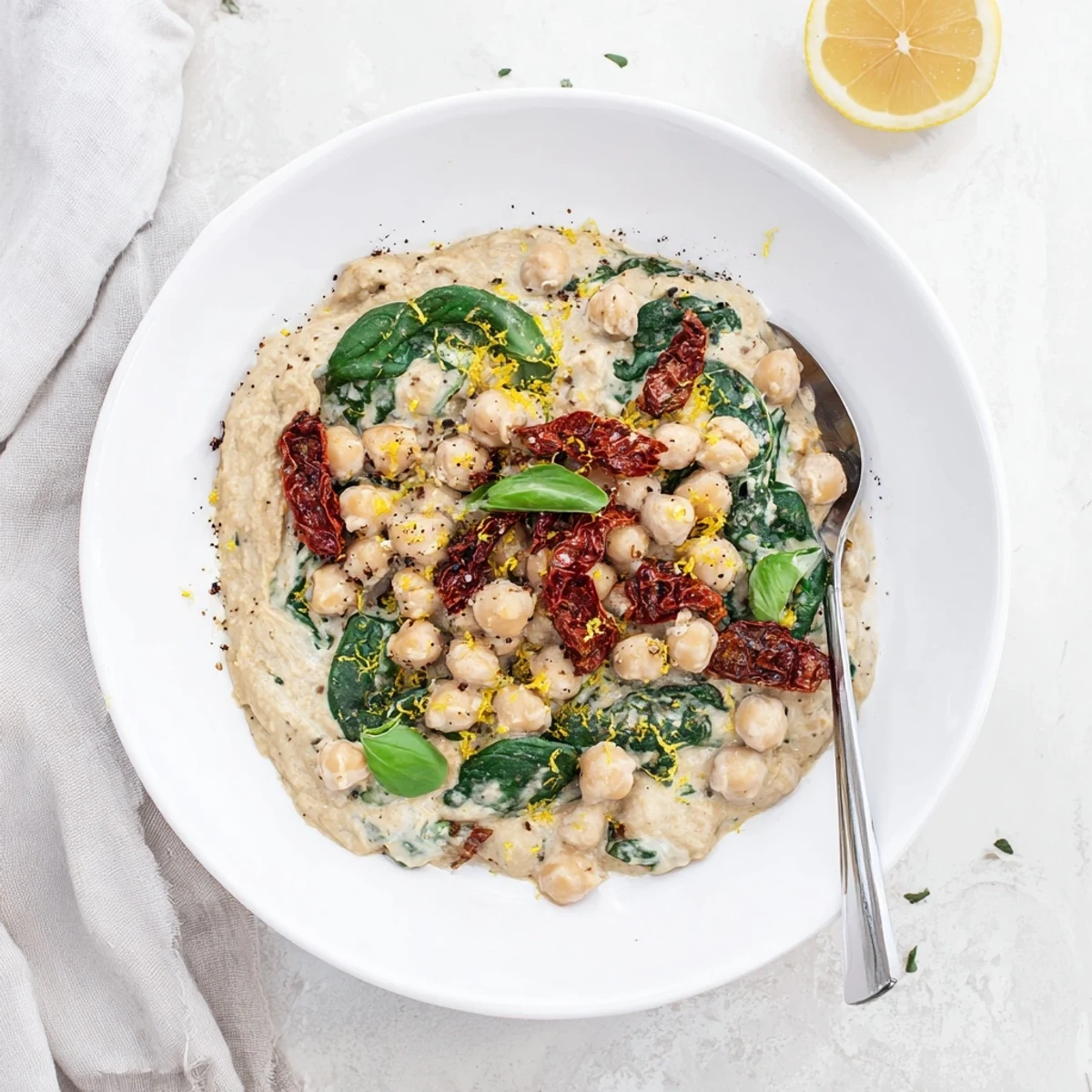 Marry Me Chickpeas plated over rice with tender onions and aromatic herbs in a savory white sauce Finished with fresh basil