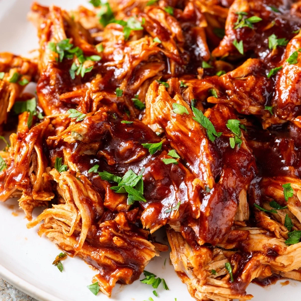 Tender Sweet Baby Ray's Crockpot Chicken glistening with rich barbecue sauce on a white plate