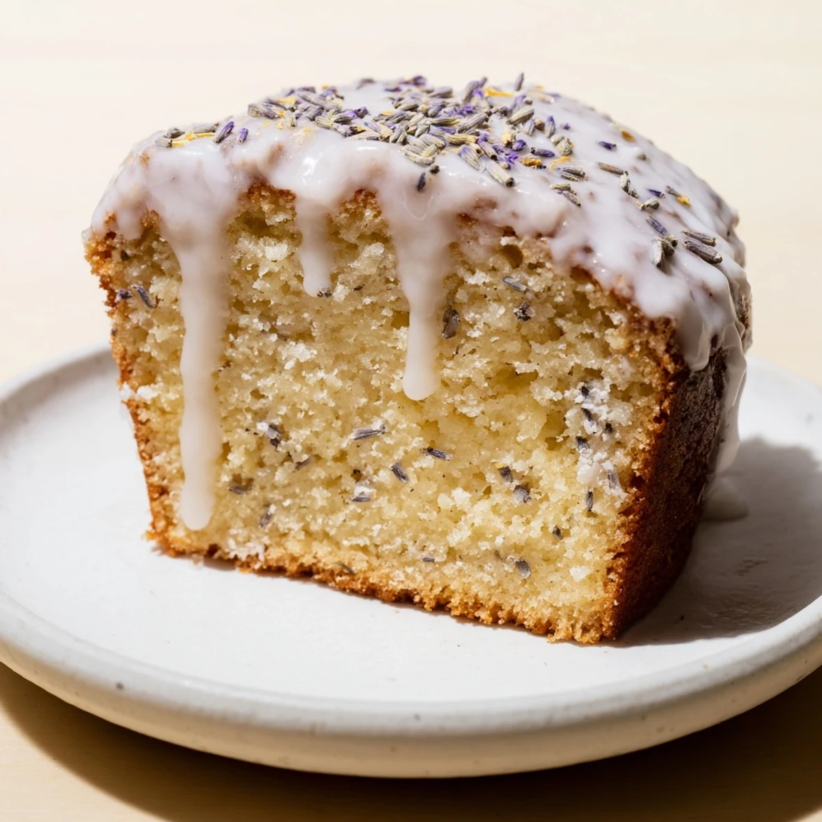 Fragrant lavender cake with lemon glaze drizzled over a tender golden crumb