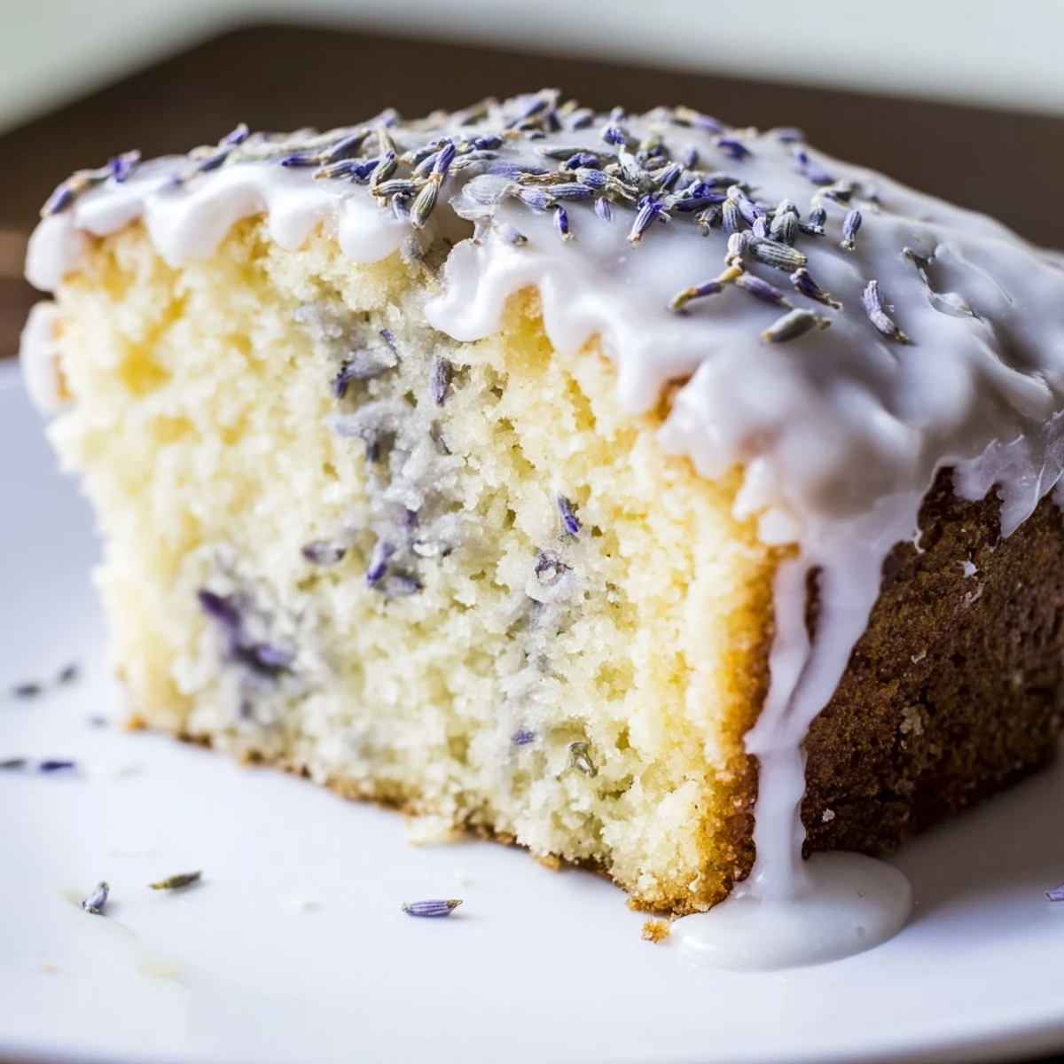 Soft lavender cake slice topped with sweet citrus icing and purple buds