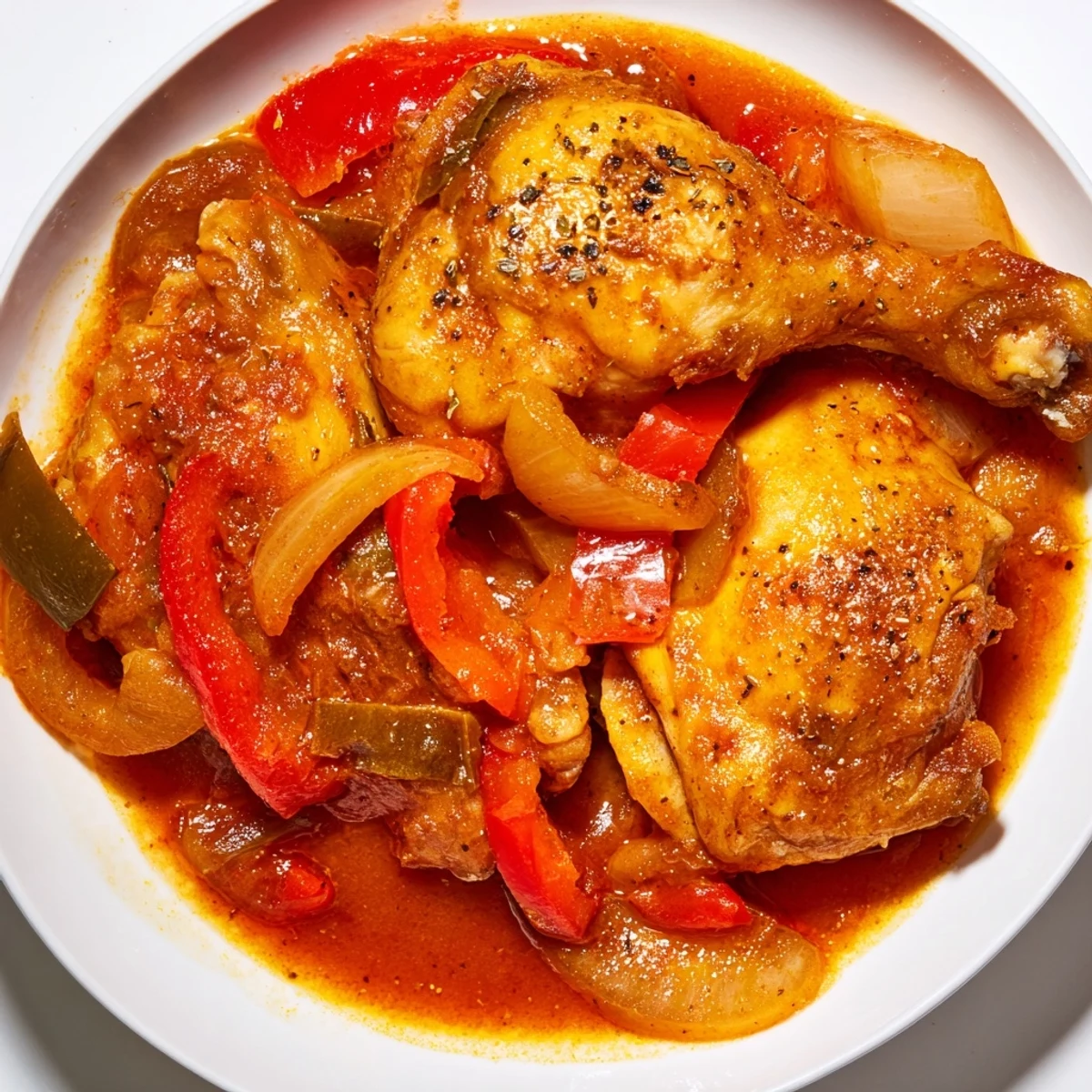 Golden Senegalese chicken simmering in rich tomato sauce with colorful bell peppers and aromatic spices