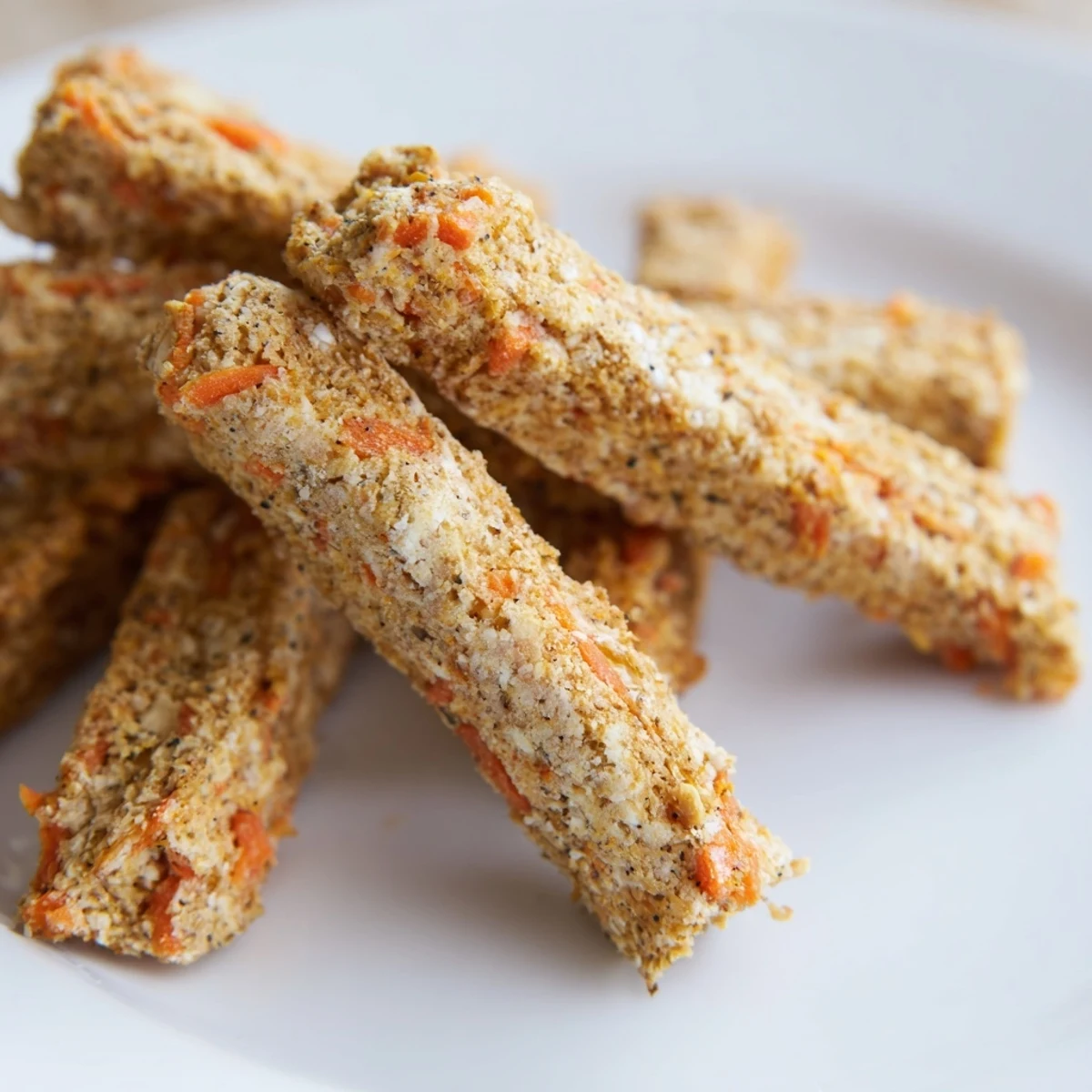 Golden baked carrot and apple dog chew sticks arranged on parchment paper for healthy homemade treats