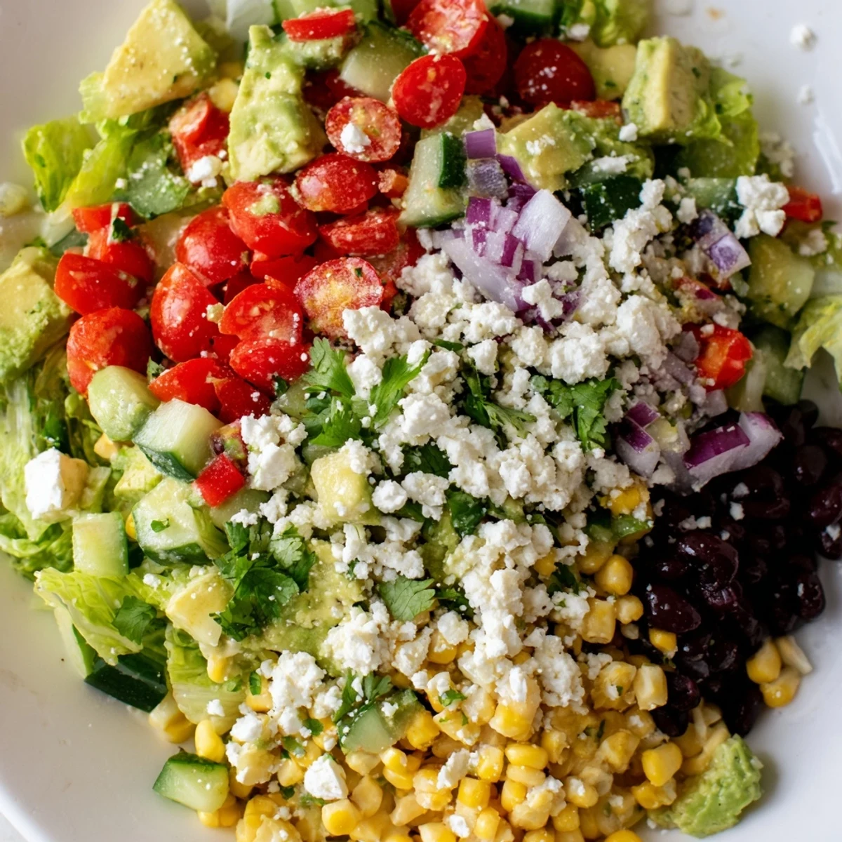 Colorful Mexican chopped salad in a white bowl with fresh vegetables and creamy avocado