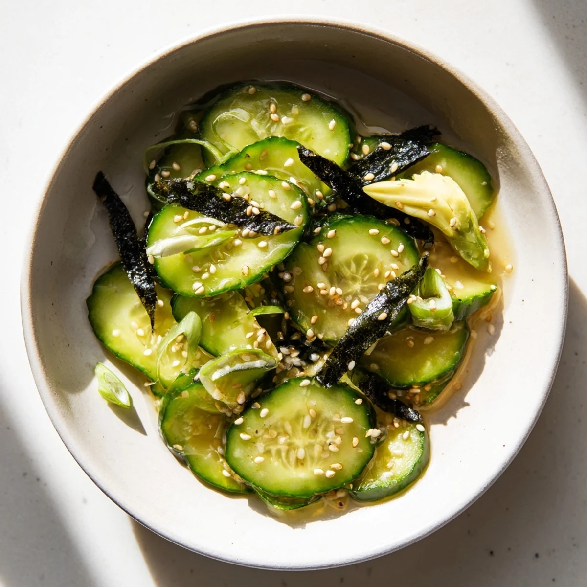 Sushi Cucumber Salad topped with nori strips and sesame seeds in a white bowl