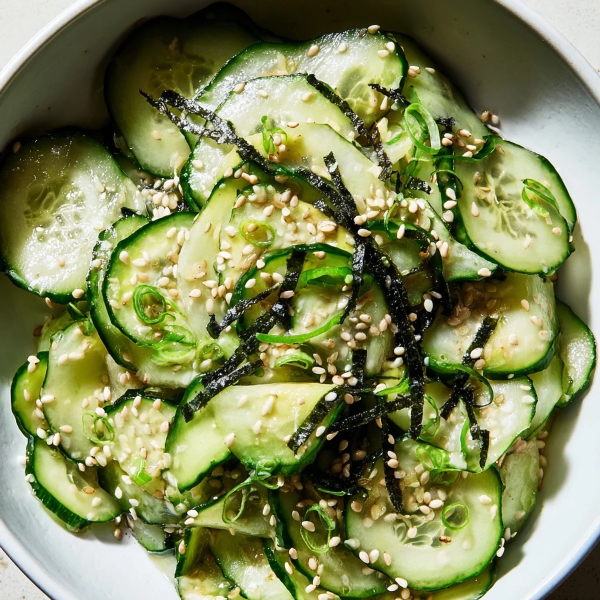 Thinly sliced cucumbers glistening with tangy rice vinegar dressing in this refreshing Sushi Cucumber Salad