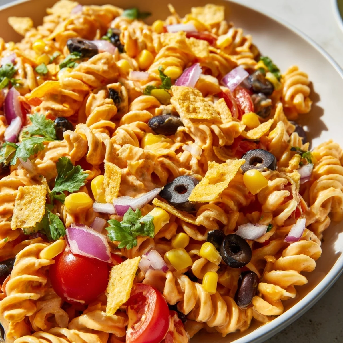 Colorful taco pasta salad in a large bowl topped with crushed tortilla chips and melted cheddar cheese