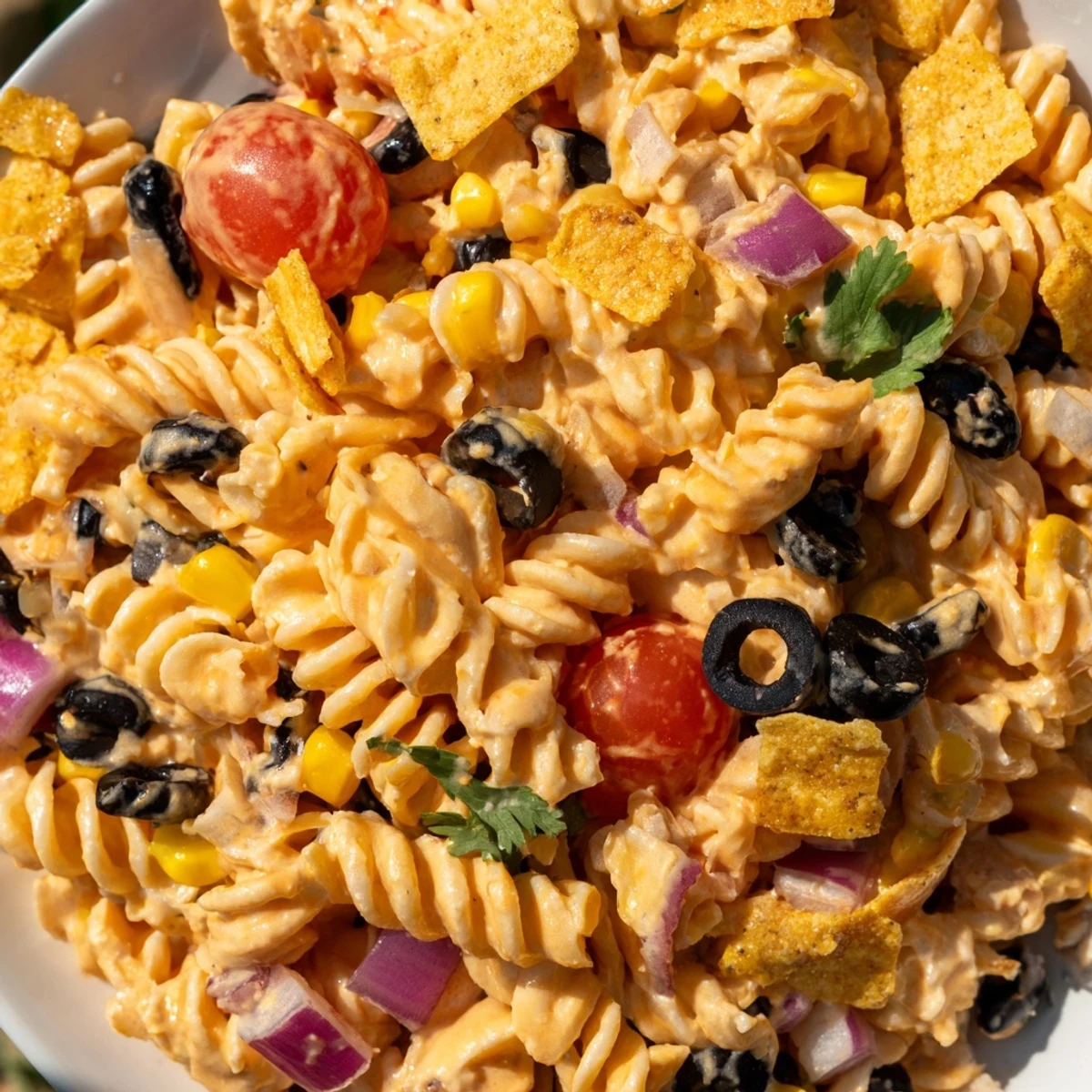 Creamy taco pasta salad loaded with black beans corn cherry tomatoes and a zesty lime dressing