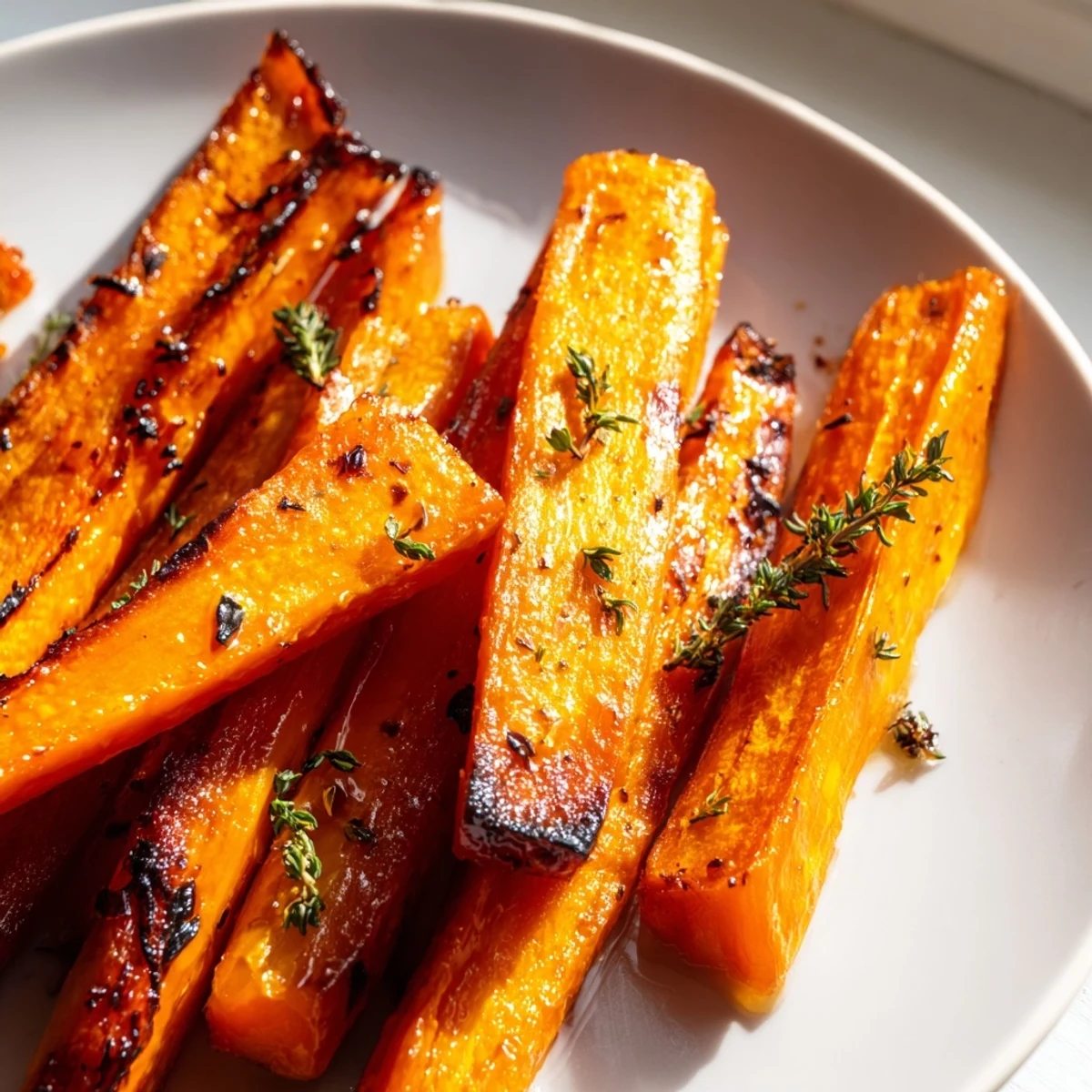 Golden honey roasted carrots glistening with caramelized glaze on a rustic white serving platter