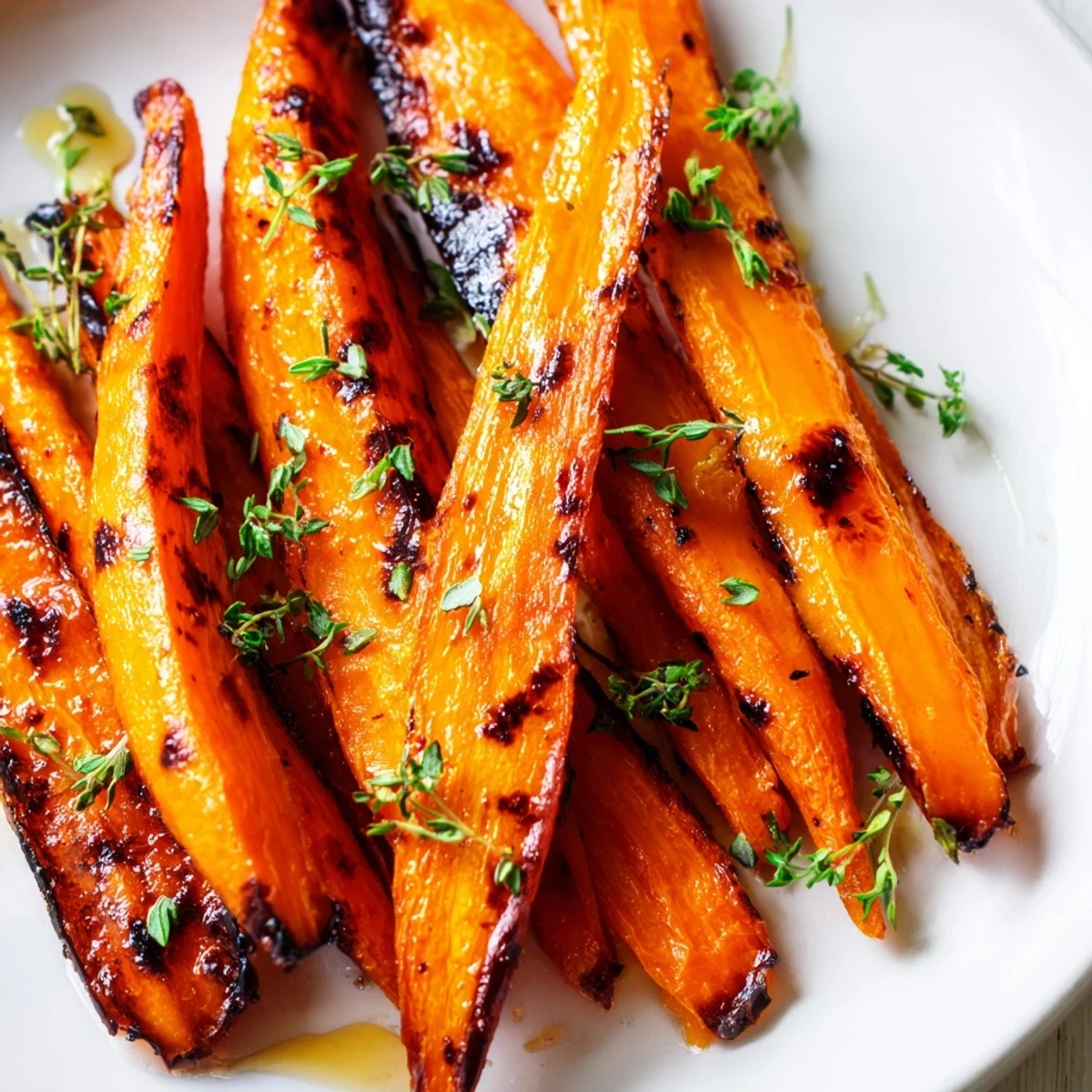 Tender honey roasted carrots with caramelized edges and fresh herbs sprinkled on top