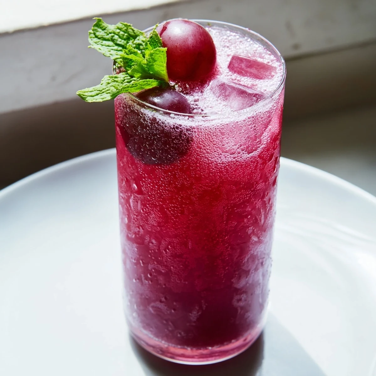 Grape Agua Fresca in a tall glass with ice cubes and fresh mint garnish