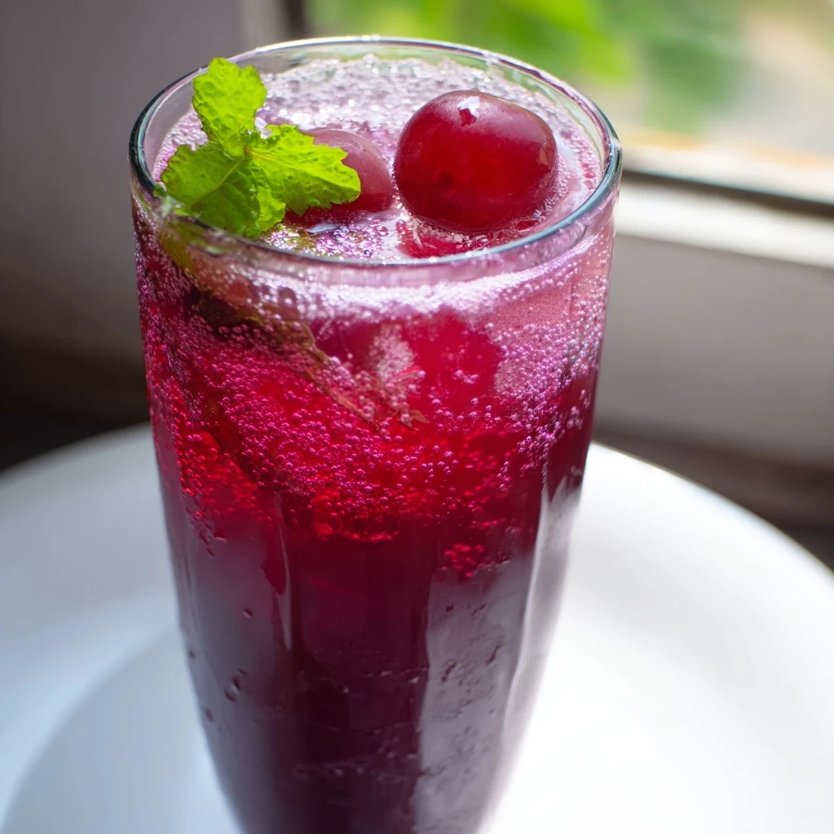 Refreshing Grape Agua Fresca poured over ice in a clear pitcher with lime wedges