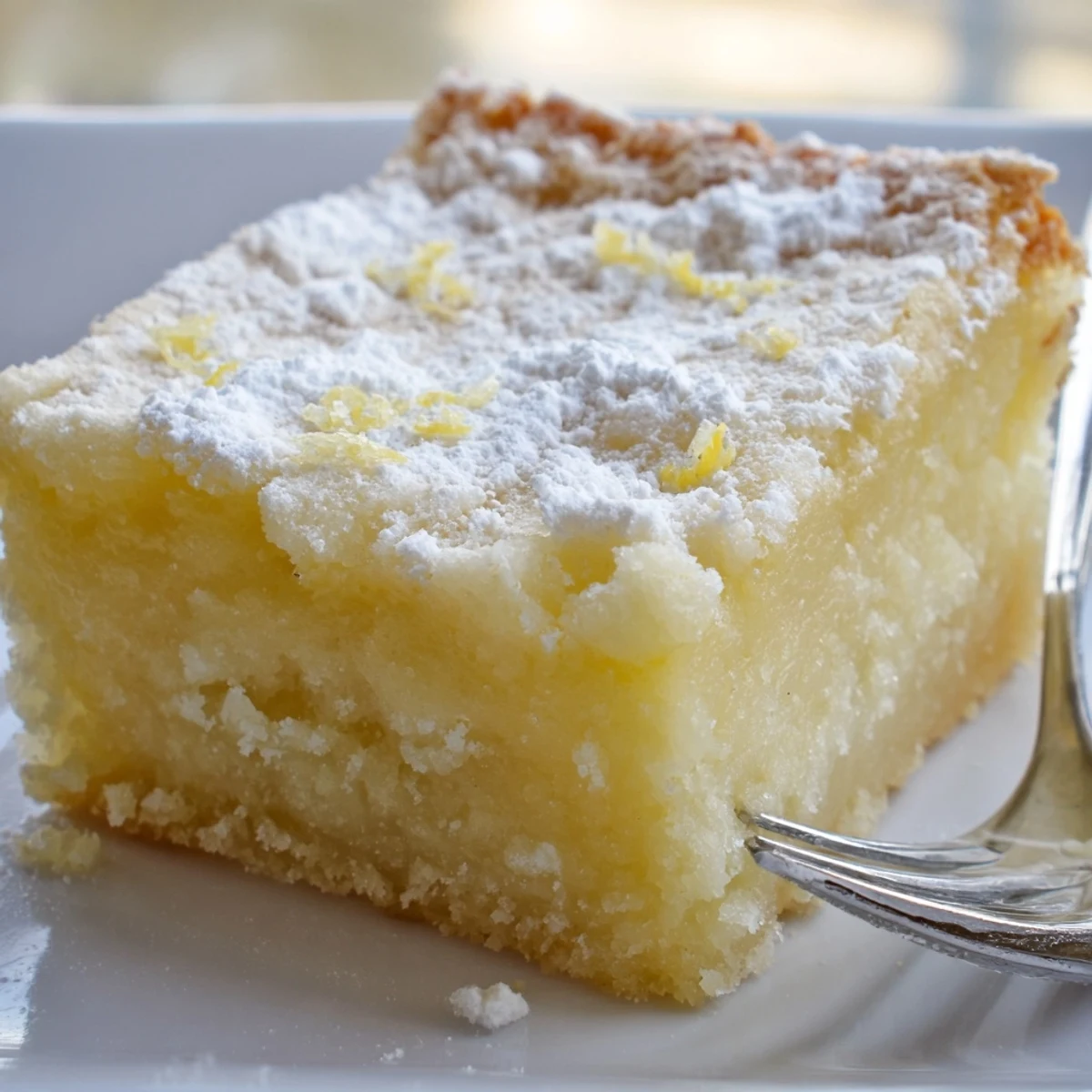 Golden slice of Lemon Gooey Butter Cake dusted with powdered sugar on a rustic plate
