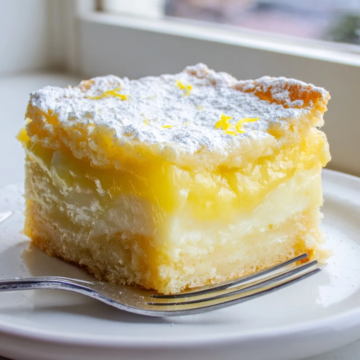 Creamy Lemon Gooey Butter Cake squares with bright citrus topping fresh from the oven