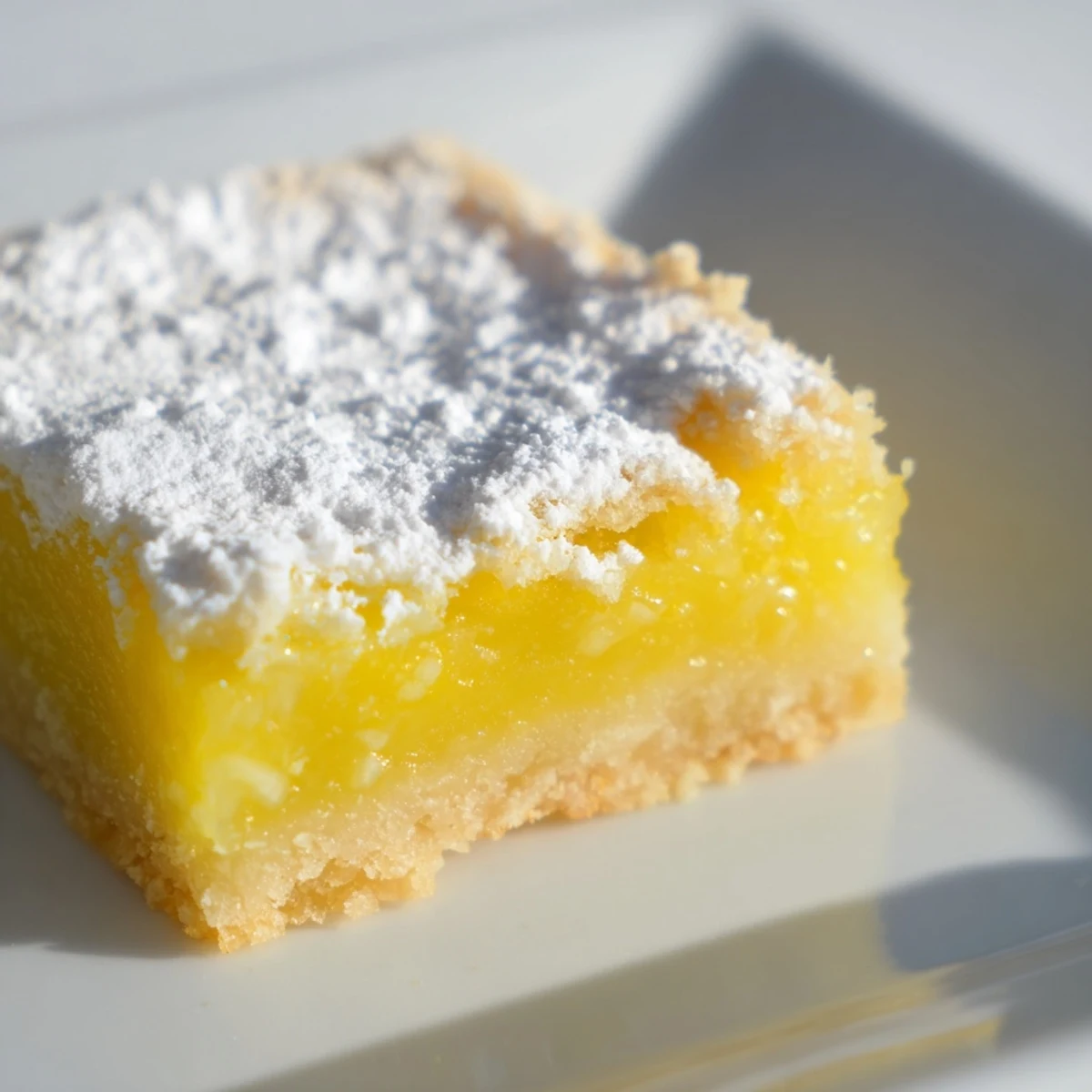 Golden lemon bars with powdered sugar dusting on a rustic white serving plate