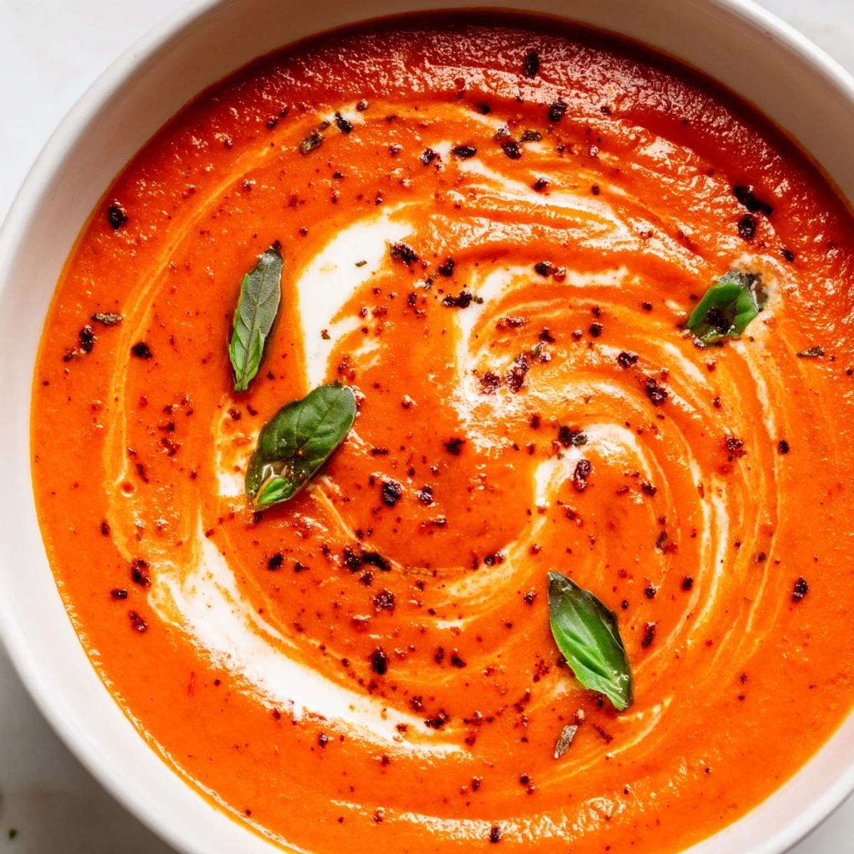 Creamy fire roasted tomato soup ladled into a bowl with fresh basil garnish