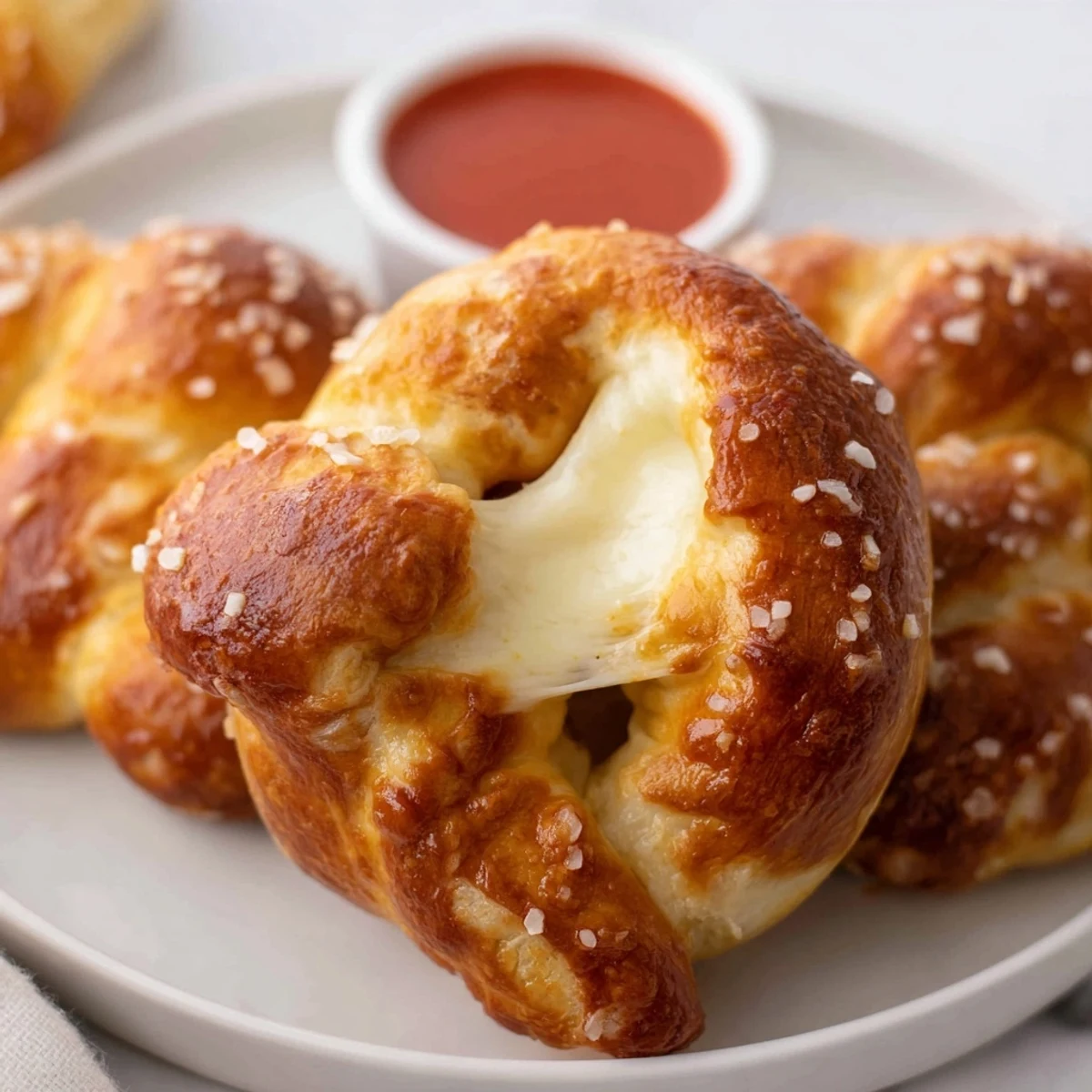 Golden mozzarella stuffed soft pretzels fresh from the oven with melted cheese centers