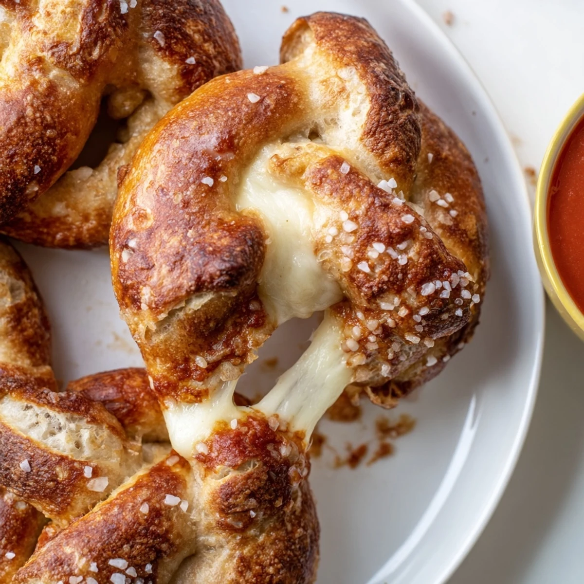 Warm mozzarella stuffed soft pretzels sprinkled with coarse salt on parchment paper