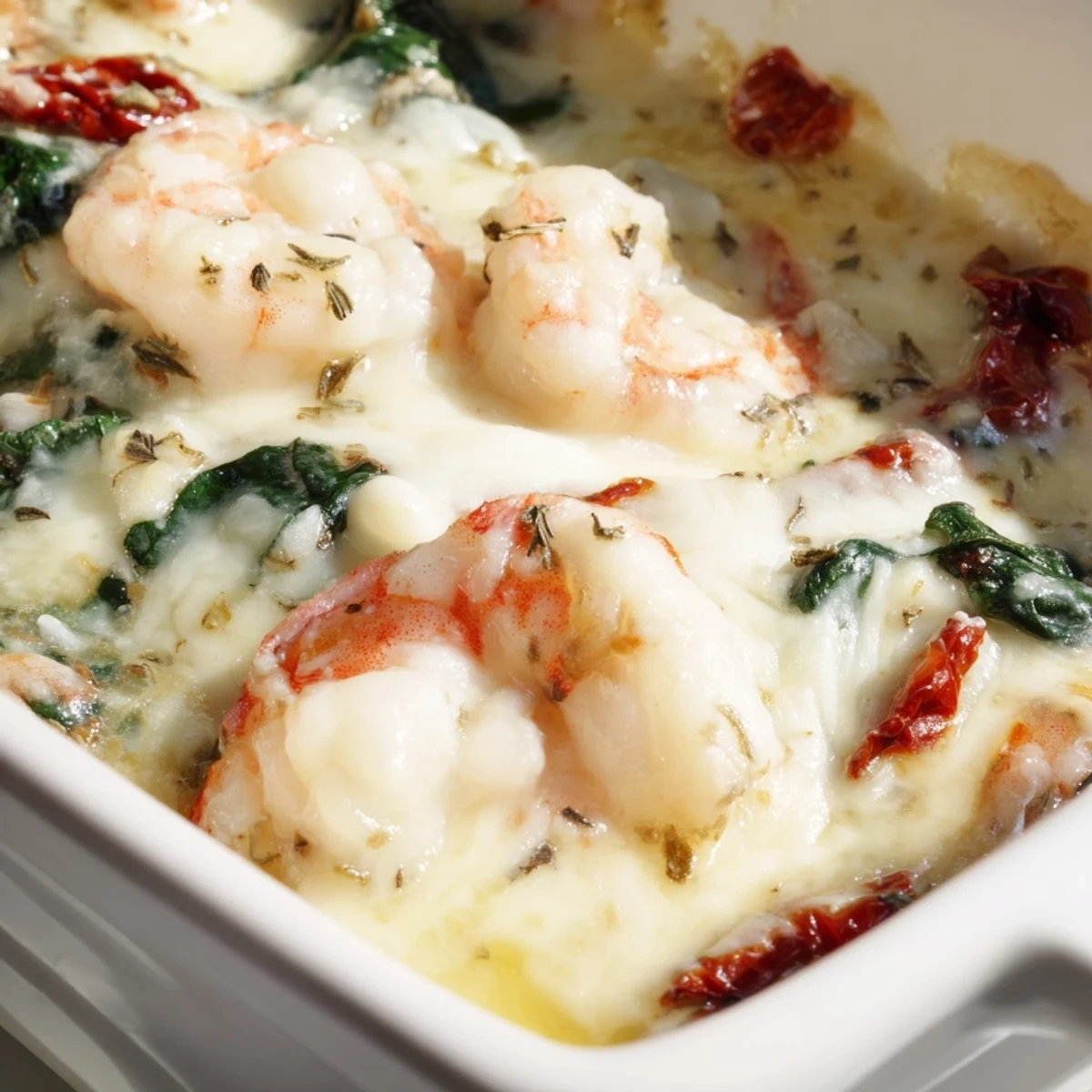 Creamy Low Carb Shrimp Tuscan Bake with bubbly melted mozzarella in a white baking dish