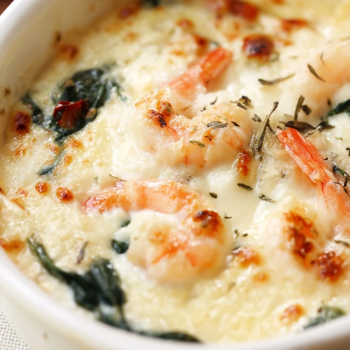Golden baked Low Carb Shrimp Tuscan Bake with pink shrimp spinach and sun-dried tomatoes
