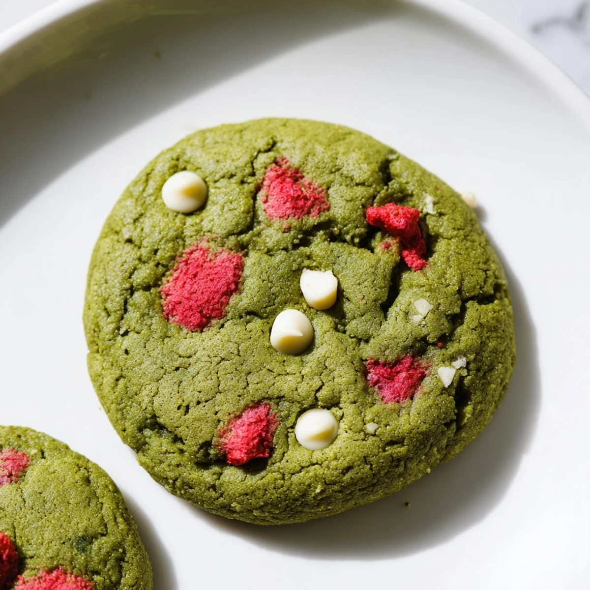 Chewy matcha cookies studded with bright red strawberry bits on rustic parchment