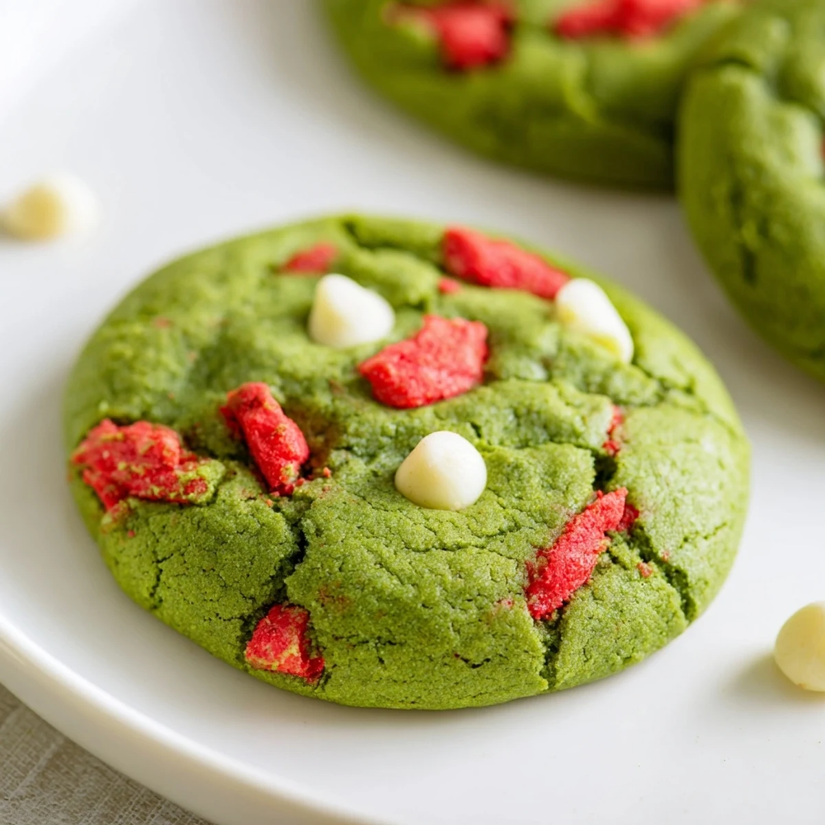 Golden-edged strawberry matcha cookies showcasing marbled green tea dough and sweet berries