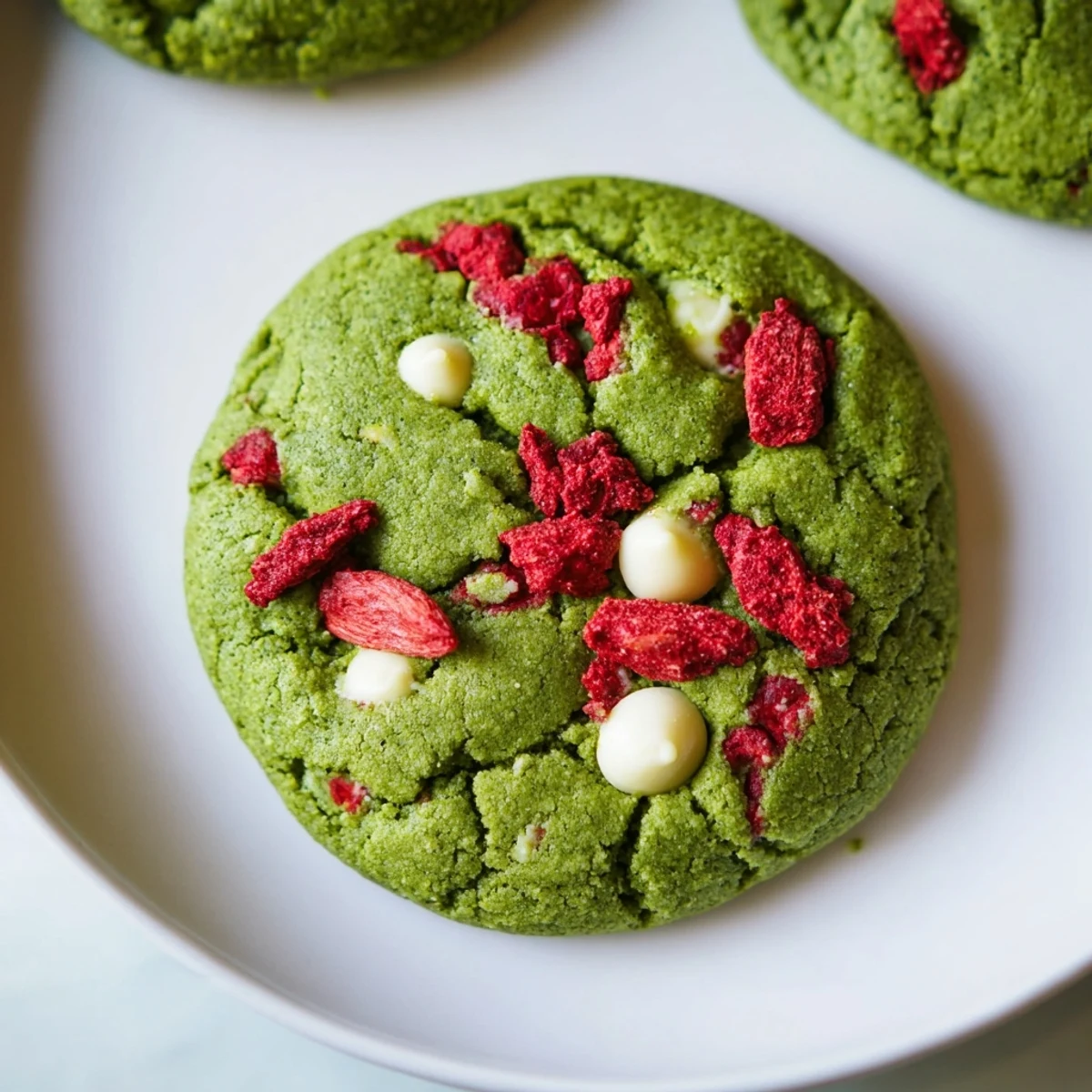Soft strawberry matcha cookies with vibrant green dough and pink fruit pieces