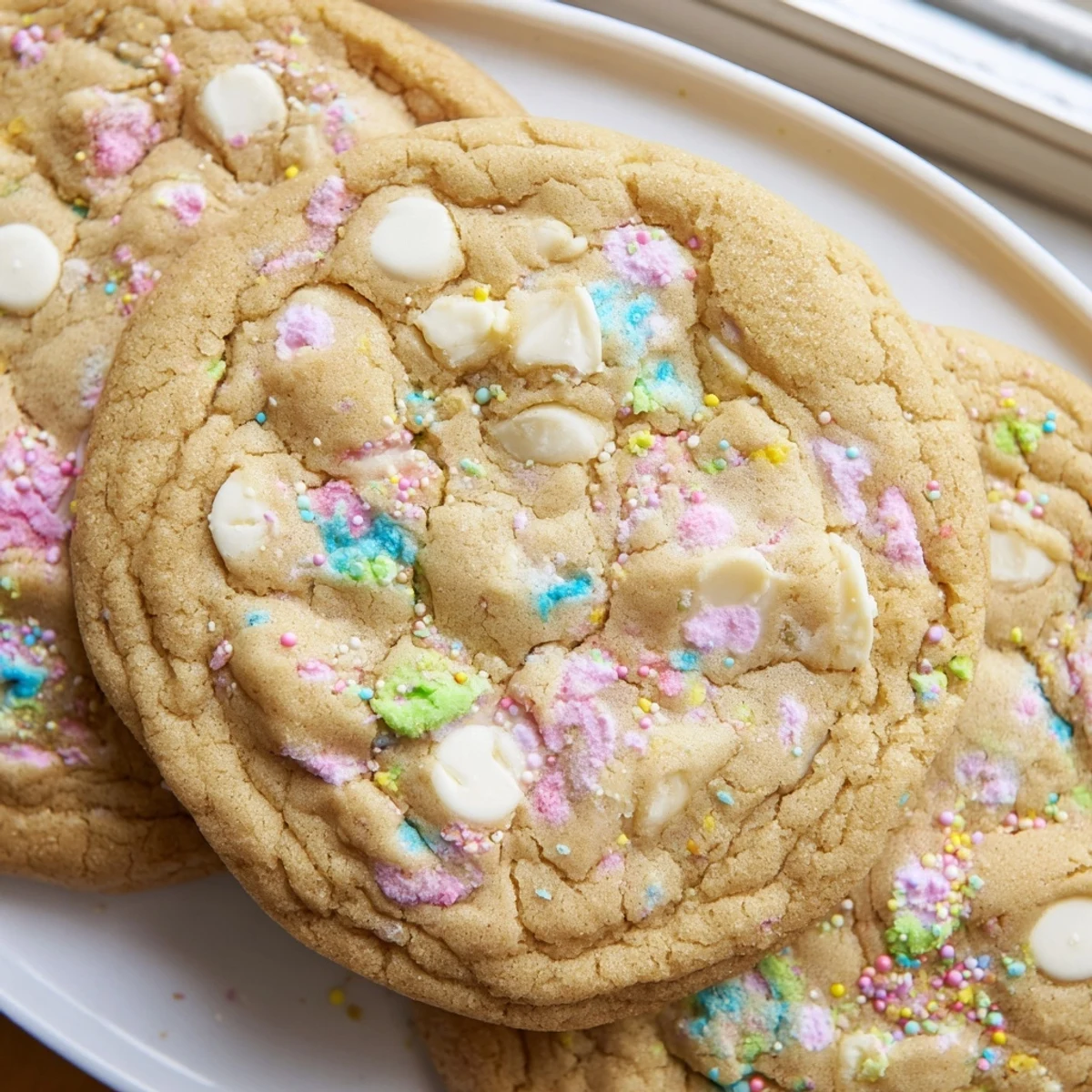 Soft pastel white chocolate cookies with creamy chips and colorful sprinkles on rustic baking sheet
