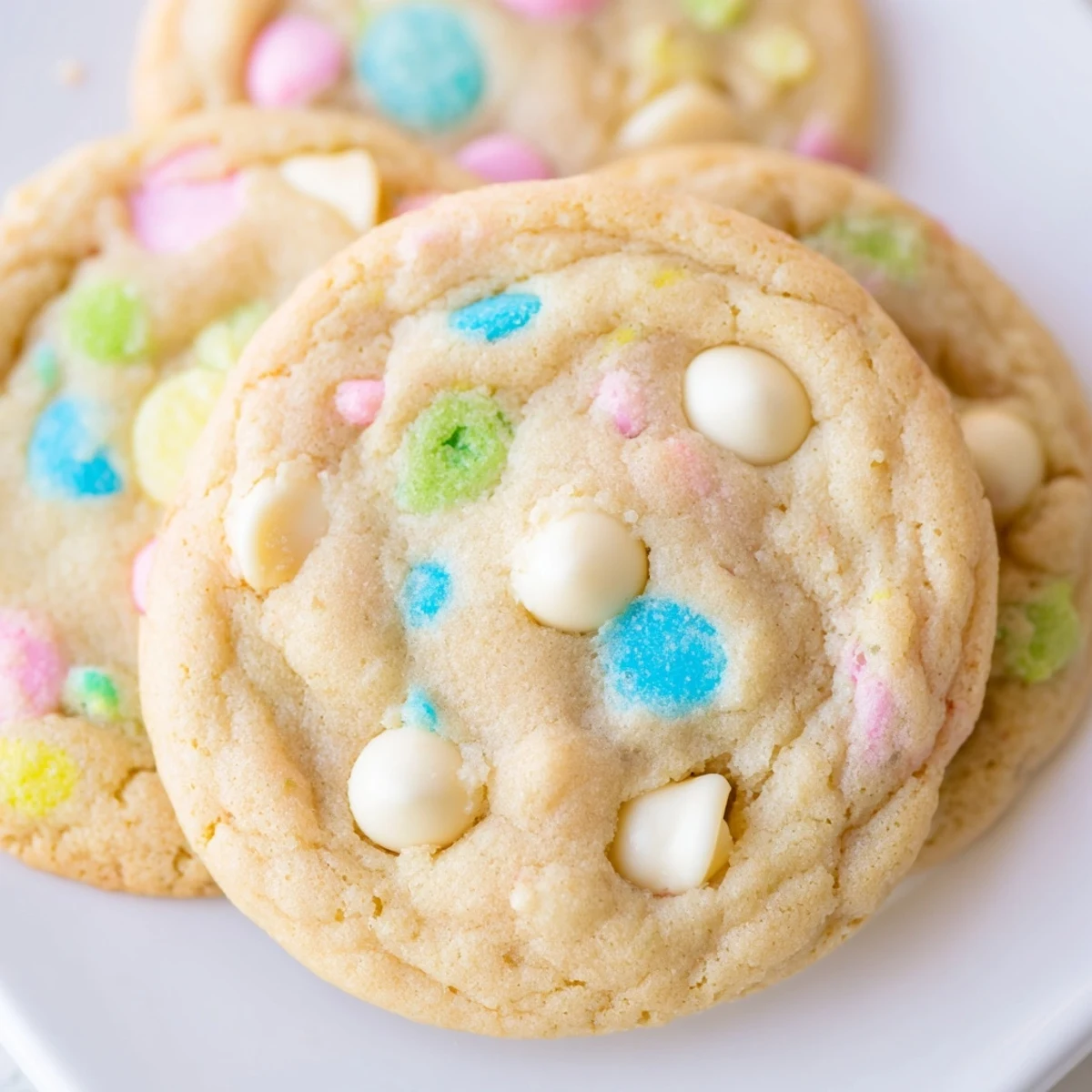 Chewy pastel white chocolate cookies topped with melted chips and vibrant pastel sprinkles