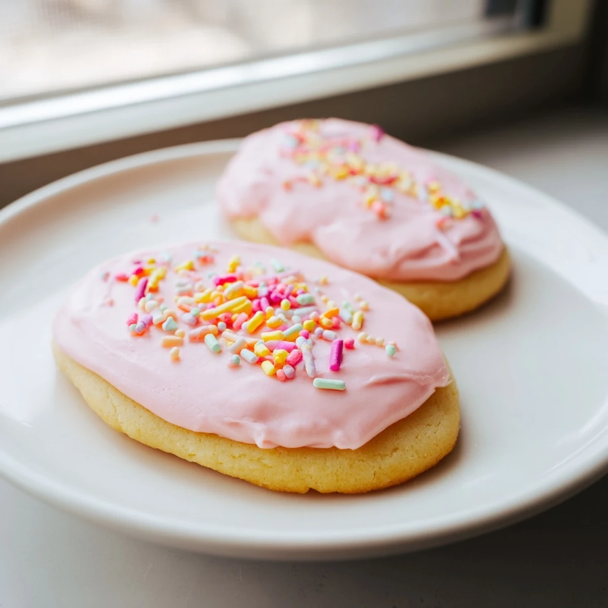 Soft Easter cookies decorated with pastel icing and sprinkles on a rustic serving plate