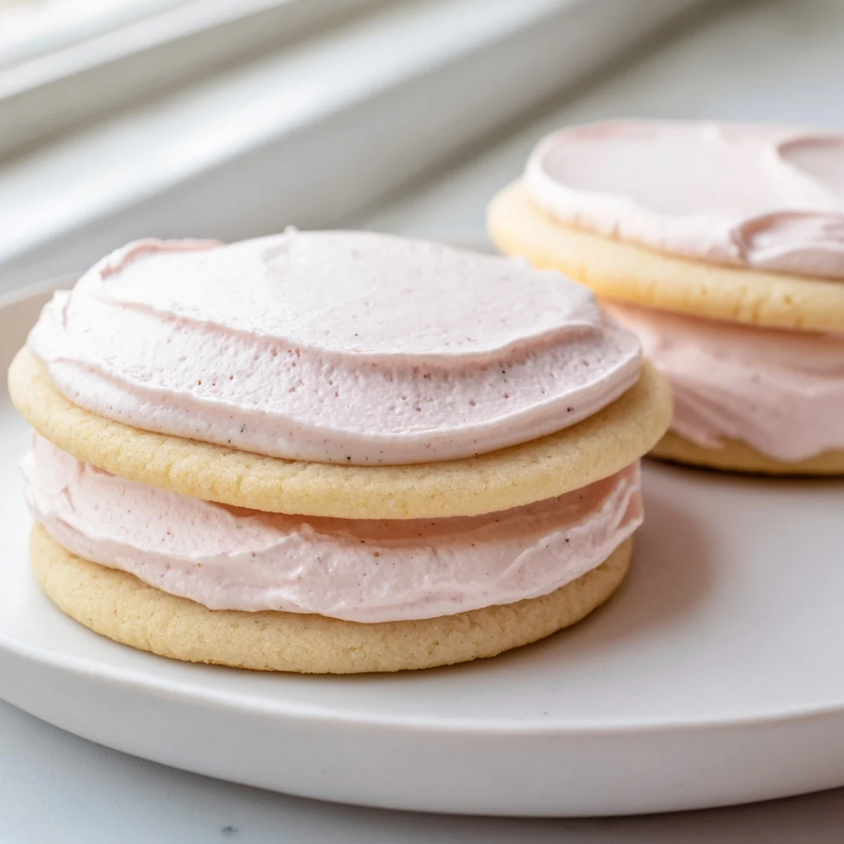 Soft pastel sugar cookie sandwiches with swirled buttercream filling on a rustic white plate