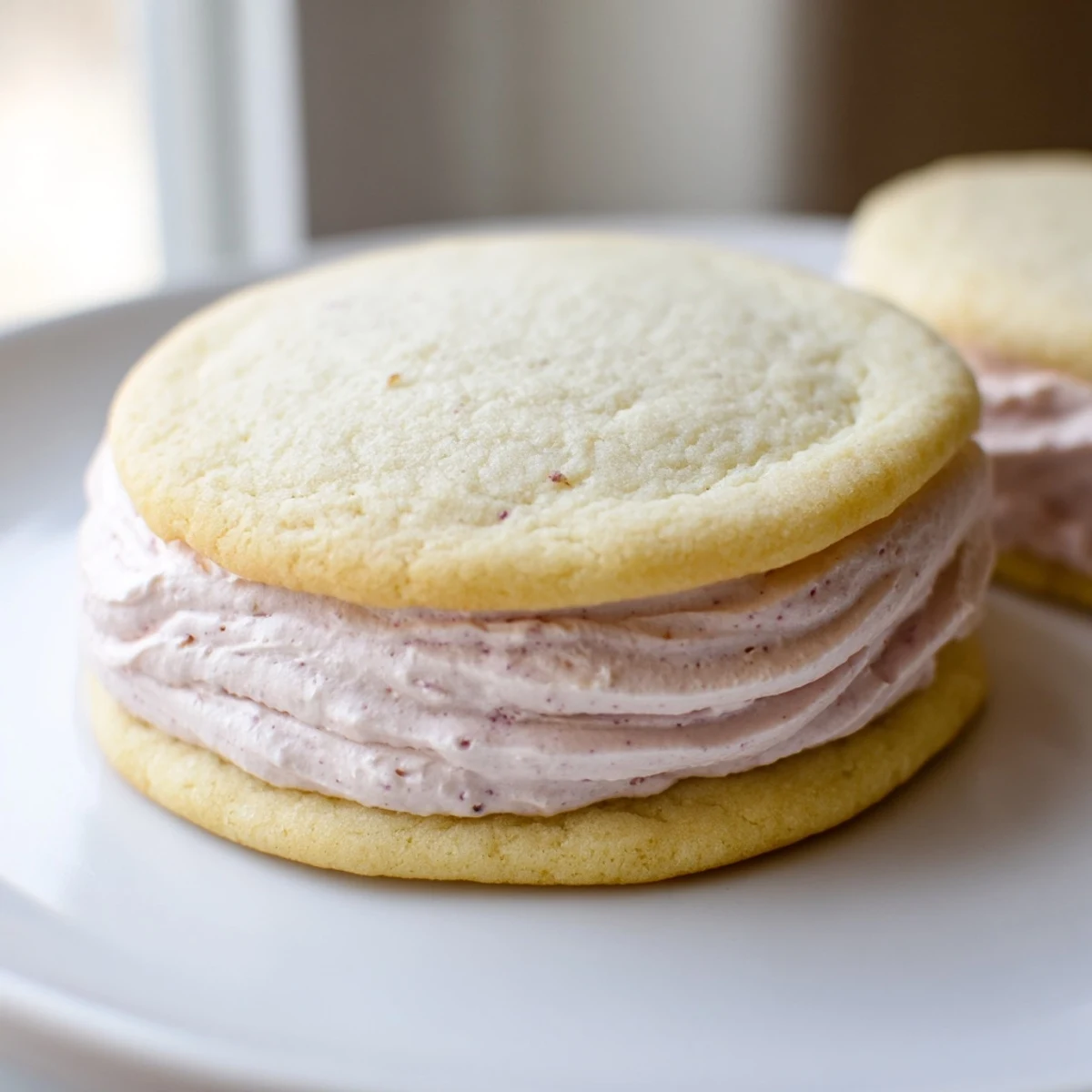 Delicate sugar cookie sandwiches showcasing layers of pink yellow and green buttercream frosting