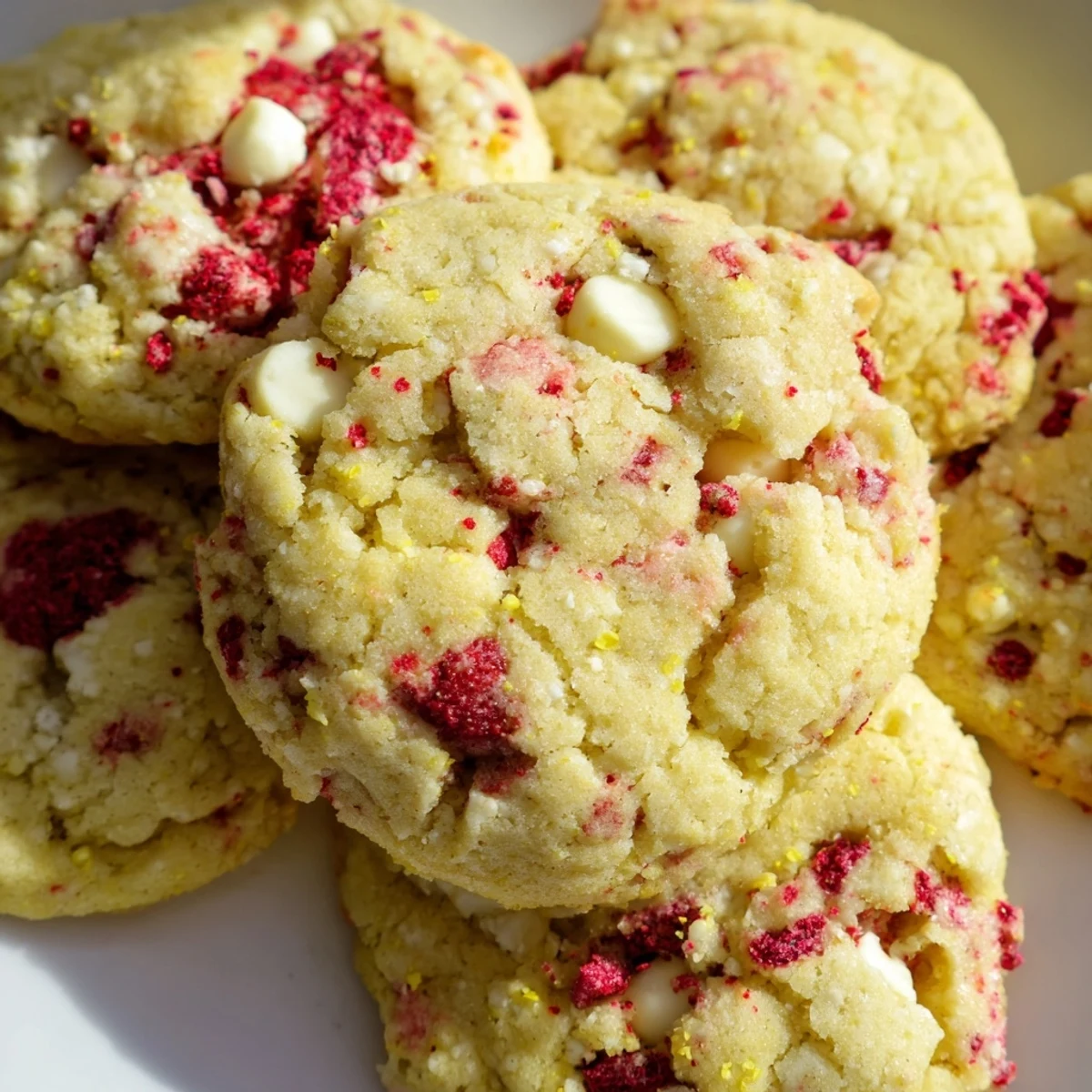 Chewy lemon raspberry cookies fresh from the oven with slightly crisp edges