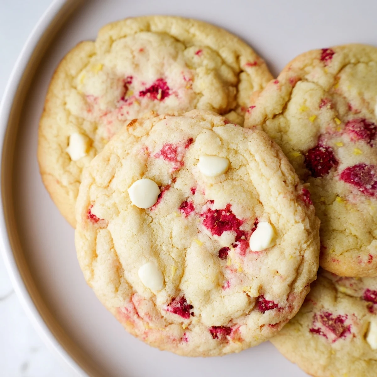 Golden lemon raspberry cookies with jewel-toned berries on a rustic white plate