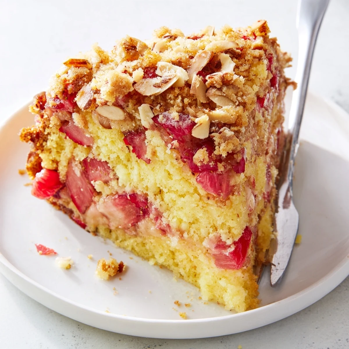 Golden rhubarb strawberry cake topped with crunchy almond streusel on a white plate